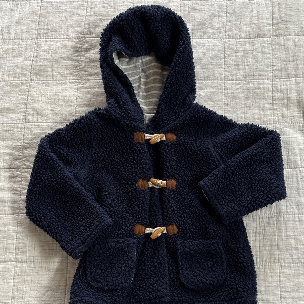 Baby Boden Navy Toggle Hooded Fleece Jacket with gray stripe lining. Sz 2-3 yrs